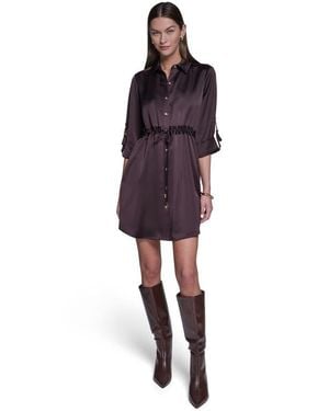 Halston 3/4 Sleeve Satin Shirt Dress - Red