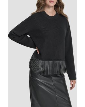 DKNY Faux Leather Fringe Sweater - Black