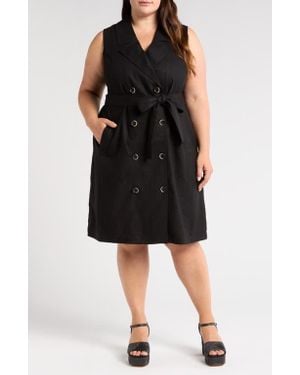 UNIVERSAL STANDARD Tie Belt Sleeveless Double Breasted Yarn Dyed Jersey Trench Cocktail Dress - Black