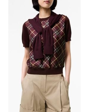 Burberry Sandrina Scarf Front Short Sleeve Wool & Silk Crewneck Sweater - Red