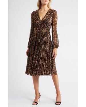 Halogen® Metallic Leopard Print Long Sleeve Midi Dress - Brown