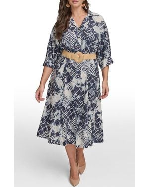 Donna Karan Belted Linen Blend Midi Dress - Multicolor