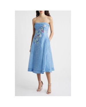 Tahari Rhinestone Floral Embroidery Strapless Floral Jacquard Cocktail Dress - Blue