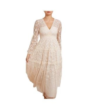 Needle & Thread Celestia Ribbon Long Sleeve V-Neck Gown - Natural