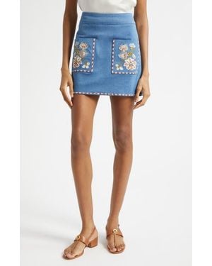 Veronica Beard Pallas Embroidered Pocket Detail Stretch Cotton Skirt - Blue