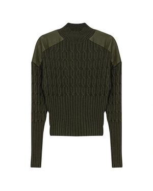 Versatile Dolman Cable Knit Leather Shoulder Sweater - Green