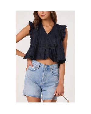 Astr Julie Flutter Sleeve Eyelet Cotton Top - Blue