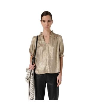 Gerard Darel Ruffle V-Neck Soft Puff Sleeves Shirt - Natural