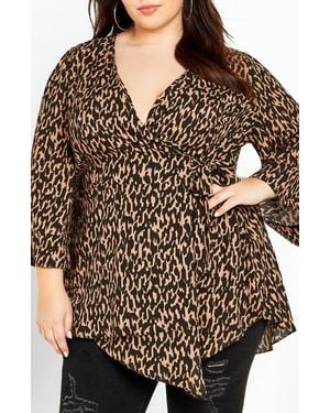 City Chic Jemma Leopard Print Wrap Tunic Top - Brown