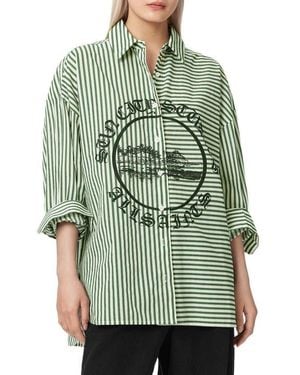 AllSaints Adrianne Stripe Graphic Print Ramie Button-Up Shirt - Green