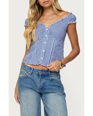 Edikted Dorothie Gingham Ruffle Crop Cotton Button-Up Shirt - Blue