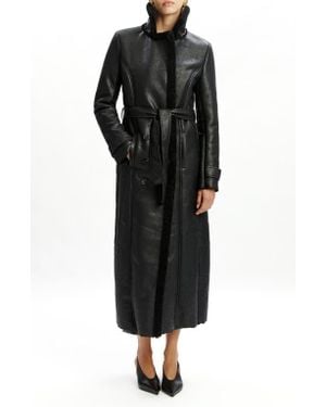 Bardot Belted Faux Leather & Faux Shearling Trim Trench Coat - Black