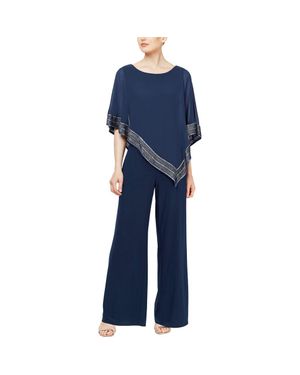 Sl Fashions Asymmetrical Foil Trim Cape Jumpsuit - Blue