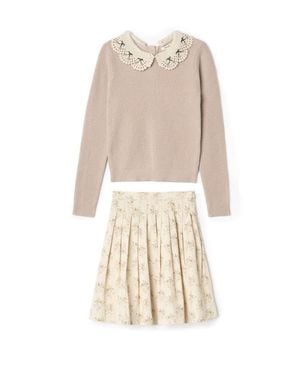 Lola Crochet Collar Cherry Textured Knit Sweater And Corduroy Flower Skirt Two-Piece Set - Natural