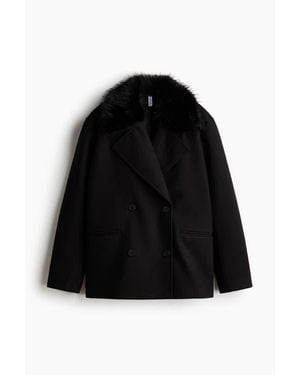 H&M Fluffy-Collared Pea Coat - Black