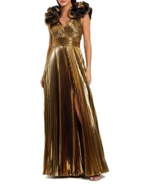 Mac Duggal Pleated Metallic V Neck Gown With Ruffle Detail - Brown
