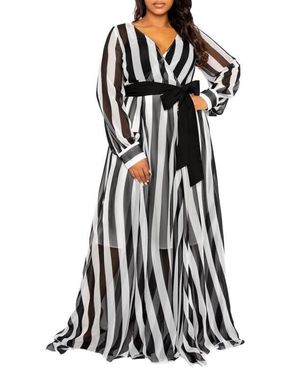Buxom Couture Stripe Semisheer Tie Belt Foux Wrap Maxi Dress - Black