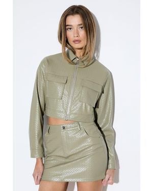MissPap Woven Detail Faux Leather Jacket - Green