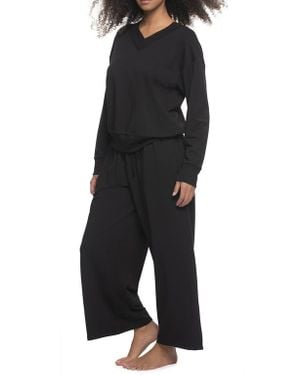 Felina Kimora Relaxed Fit Wide Leg Stretch Cotton Blend French Terry Pajamas - Black