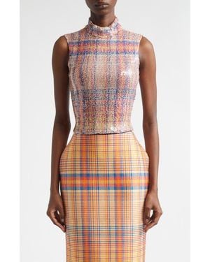 Brandon Maxwell The Piper Paillette Plaid Mock Neck Top - Brown