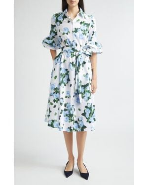 Carolina Herrera Rose Print Belted Midi Shirtdress - Blue