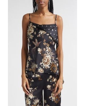CAMILLA Print Draped Asymmetric Silk Camisole - Black