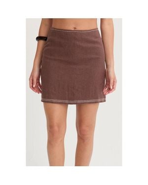 Crescent Embroidered Contrast Stitch Linen Mini Skirt - Brown