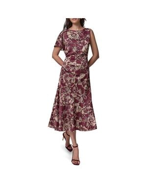 Donna Karan Floral Asymmetrical Sleeve Midi Dress - Red