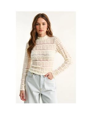 Modenaire Sheer Lace Long Sleeve Top With Scalloped Mock Neck - White