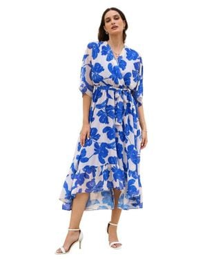 Yumi' Kimono Sleeves Midi Dip Hem Wrap Dress - Blue