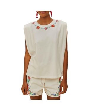 FARM Rio Cross Stitch Flowers Top - Natural