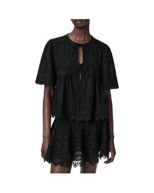 AllSaints Lillith Floral Embroidered Lace Trim Tie Front Top - Black