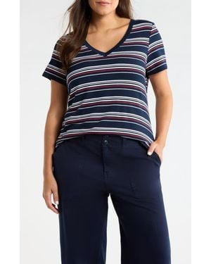 Liverpool Jeans Company Stripe V-Neck Terry T-Shirt - Blue
