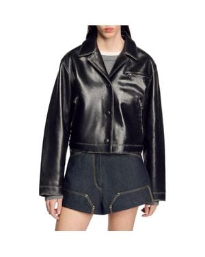 Sandro Distressed Leather Jacket - Black