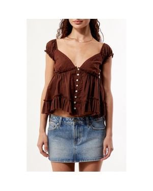 PacSun Ellie Lace Trim Embroidered Bodice Smocked Back Cotton Top - Blue