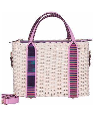 Kai & Vrosi Woven Straw Handbag With Leather Trimmed Handles - Pink