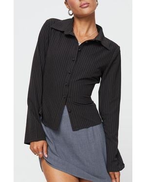 Princess Polly Anni Pinstripe Button-Up Shirt - Black