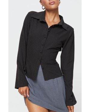 Princess Polly Anni Pinstripe Button-Up Shirt - Black
