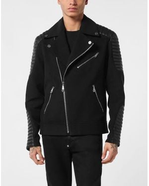 Philipp Plein Wool Biker Jacket With Leather Inserts - Black