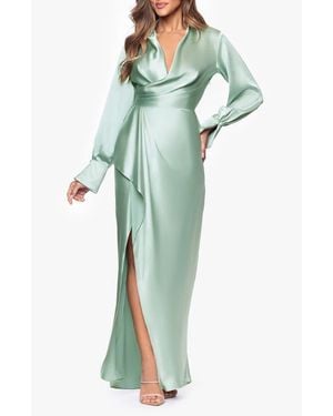 Xscape Evenings Collar Long Sleeve Satin Gown - Green