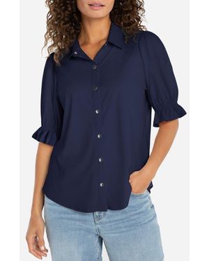 Liverpool Jeans Company Puff Sleeve Knit Snap-Up Shirt - Blue