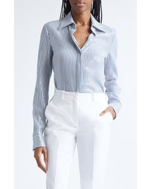 Michael Kors Hansen Sequin Embellished Stripe Silk Button-Up Shirt - Blue