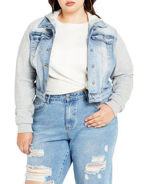 City Chic Denim & Fleece Hooded Crop Jacket - Blue
