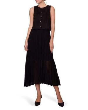 MELLODAY Mixed Media Pinstripe & Chiffon Dress - Black