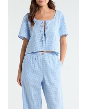 Lunya Gingham Tie Front Cotton Sleep Top - Blue
