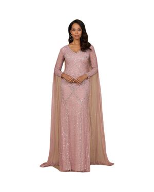 LARA New York Long Sleeve Beaded Gown With Cape - Brown