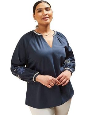 Live Unlimited Long Sleeve Embroidered Blouse - Blue
