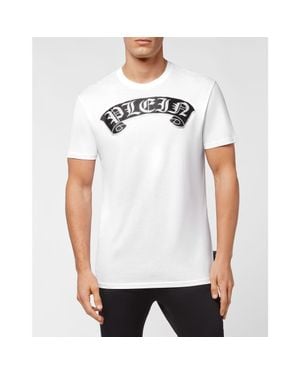 Philipp Plein T-Shirt Round Neck Ss Stones Gothic Plein With Crystals - White