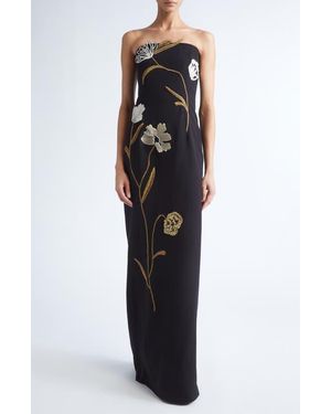 Lela Rose Floral Cord Embroidery Strapless Stretch Crepe Gown - Black