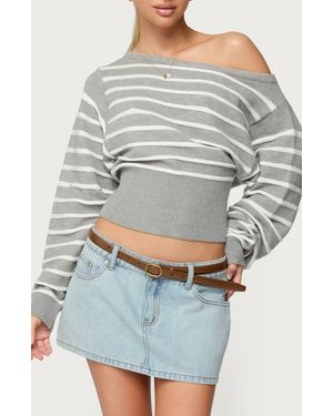 Edikted Mika Stripe Off The Shoulder Knit Crop Top - Gray